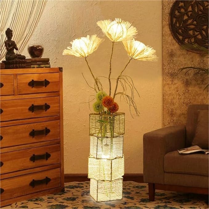 Modern Decorative Rattan Floor Lamp: Pastoral Hand-Woven Flower Night Light - Creative Standing Smart Corner Lamp for Reading Living Room Bedroom Tea Room Club Office Sofa Side - LeafyLoom