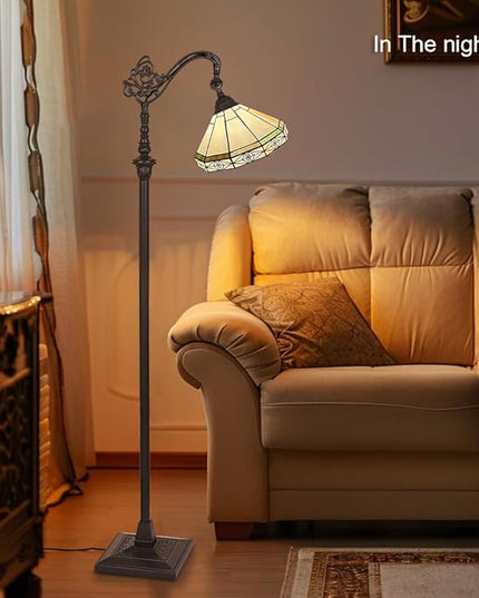 Capulina Tiffany Floor Lamp Antique Cream Style Stained Glass Soft Light Arched Gooseneck Adjustable Angle Reading Standing Lamp for Living Room Bedroom Home Office - LeafyLoom