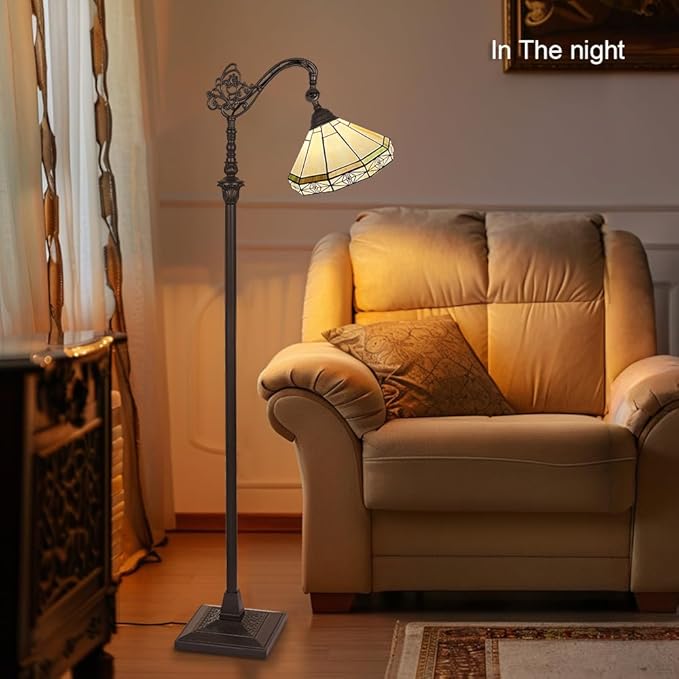 Capulina Tiffany Floor Lamp Antique Cream Style Stained Glass Soft Light Arched Gooseneck Adjustable Angle Reading Standing Lamp for Living Room Bedroom Home Office - LeafyLoom