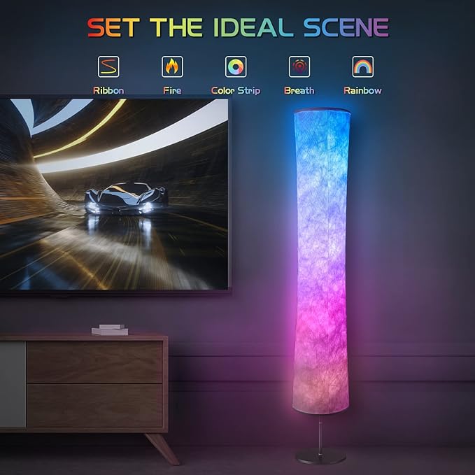 Torchlet Modern Floor Lamp, RGB Color Changing Led Smart Lamp Alexa APP Control with DIY Mode, Music Sync and White Fabric Shade, Standing Lamp for Living/Game Room Bedroom - LeafyLoom