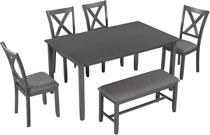 6-Piece Classic Dinette Sets Rectangular Wooden Kitchen Dining Table, 4 Fabric Chairs & Bench, for Diningroom Living Room, Easy to Assemble, Gray 6 - LeafyLoom
