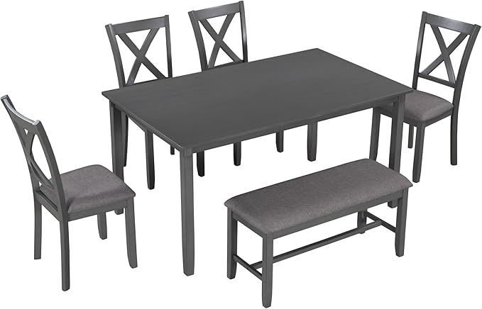 6-Piece Classic Dinette Sets Rectangular Wooden Kitchen Dining Table, 4 Fabric Chairs & Bench, for Diningroom Living Room, Easy to Assemble, Gray 6 - LeafyLoom