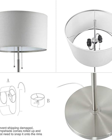 DEEPLITE Modern Floor Lamp, Tall Standing Lamp with 2 Bulb Socket for Office Bedroom Living Room Bright Lighting, Brushed Nickel Body, White Lampshade - LeafyLoom