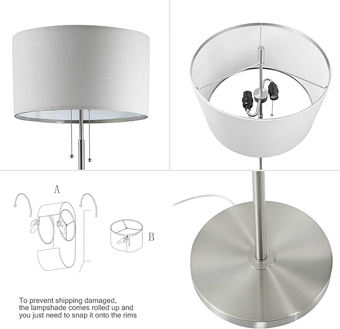 DEEPLITE Modern Floor Lamp, Tall Standing Lamp with 2 Bulb Socket for Office Bedroom Living Room Bright Lighting, Brushed Nickel Body, White Lampshade - LeafyLoom
