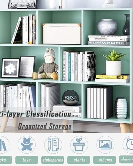 IOTXY Wooden Open Shelf Bookcase - 3-Tier Floor Standing Display Cabinet Rack with Legs, 8 Cubes Bookshelf, Tiffany-Green - LeafyLoom