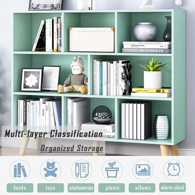 IOTXY Wooden Open Shelf Bookcase - 3-Tier Floor Standing Display Cabinet Rack with Legs, 8 Cubes Bookshelf, Tiffany-Green - LeafyLoom