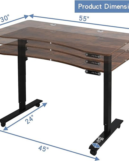 Mobile Rolling Electric Standing Desk Height Adjustable, 55 x 30 Inches Sit to Stand Desk with Splice Board, Black Frame/Rustic Brown Top - LeafyLoom