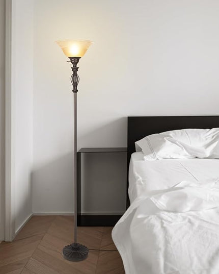 Torchiere Floor Lamps for Living Room & Bedroom – Stand Up Lamp with Corner Floor Lamp Design – Traditional Iron Scroll 70" Tall Alabaster Glass Bowl Shade (Brown) - LeafyLoom