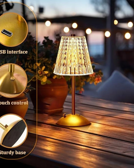 Portable Crystal LED Table Lamp, 3-Levels Brightness Desk Lamp, 3 Color Touch Control Rechargeable Lamp, Night Light, Bedside Lamp,Dining Room Lamp (Gold) - LeafyLoom