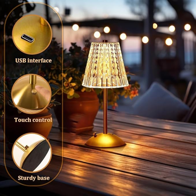 Portable Crystal LED Table Lamp, 3-Levels Brightness Desk Lamp, 3 Color Touch Control Rechargeable Lamp, Night Light, Bedside Lamp,Dining Room Lamp (Gold) - LeafyLoom