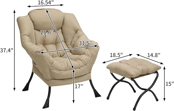 AbocoFur Modern Fabric Lazy Chair and Folding Footrest Stool Set, Accent Contemporary Lounge Chair and Portable Ottoman, Steel Frame Leisure Sofa Chair and Metal Cotton Footstool, Coffee&White - LeafyLoom