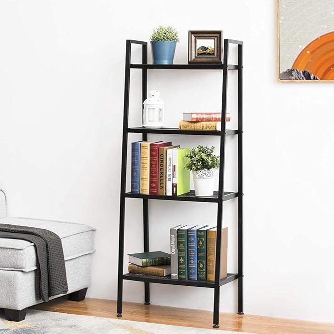 4-Tier Metal Ladder Shelf, Black Ladder Bookshelf Multifunctional Ladder-Shaped Plant Flower Stand Industrial Organizer Rack Storage Shelves for Living Room, Bedroom, Office - LeafyLoom
