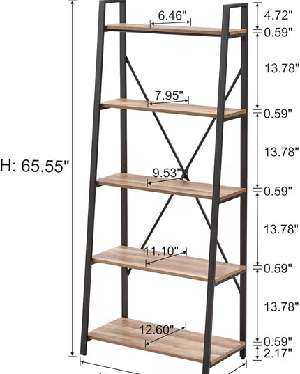 BON AUGURE Industrial 5 Tier Ladder Bookshelf, Wood and Metal Ladder Shelf Bookcase, Farmhouse Leaning Shelves for Living Room (Vintage Oak) - LeafyLoom