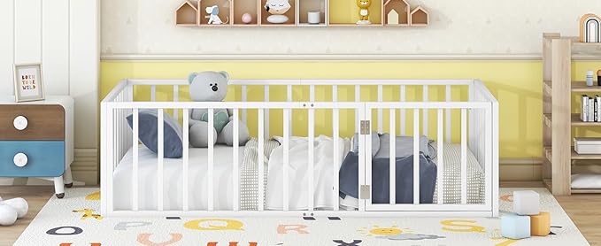 RITSU Twin Size Metal Floor Fence Bed, Montessori Bedframe, with Safety Guardrail and Door, for Children Bedroom, Boys Girls, Apartment, Strong & Durable, Easy to Assemble, White - LeafyLoom