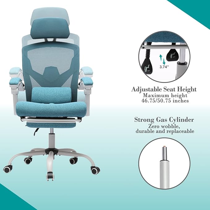 edx Ergonomic Office Chair, Reclining High Back Mesh Chair, Computer Desk Chair, Swivel Rolling Home Task Chair with Lumbar Support Pillow, Adjustable Headrest, Retractable Footrest and Armrests - LeafyLoom