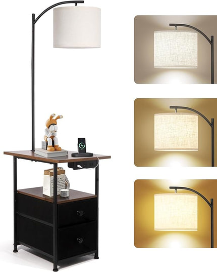PESRAE Floor Lamp with Table & 2 Drawers, End Table with 3 Color Temperature Reading Light, Side Table Lamp with USB & Type C & AC Charging Port for Living Room, Bedroom - LeafyLoom