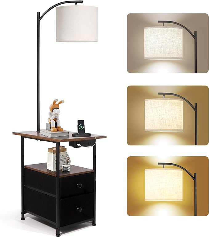 PESRAE Floor Lamp with Table & 2 Drawers, End Table with 3 Color Temperature Reading Light, Side Table Lamp with USB & Type C & AC Charging Port for Living Room, Bedroom - LeafyLoom