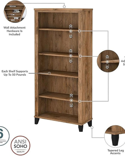 Bush Furniture Somerset 5-Shelf 65-inch H Bookcase, Fresh Walnut (WC81365) - LeafyLoom