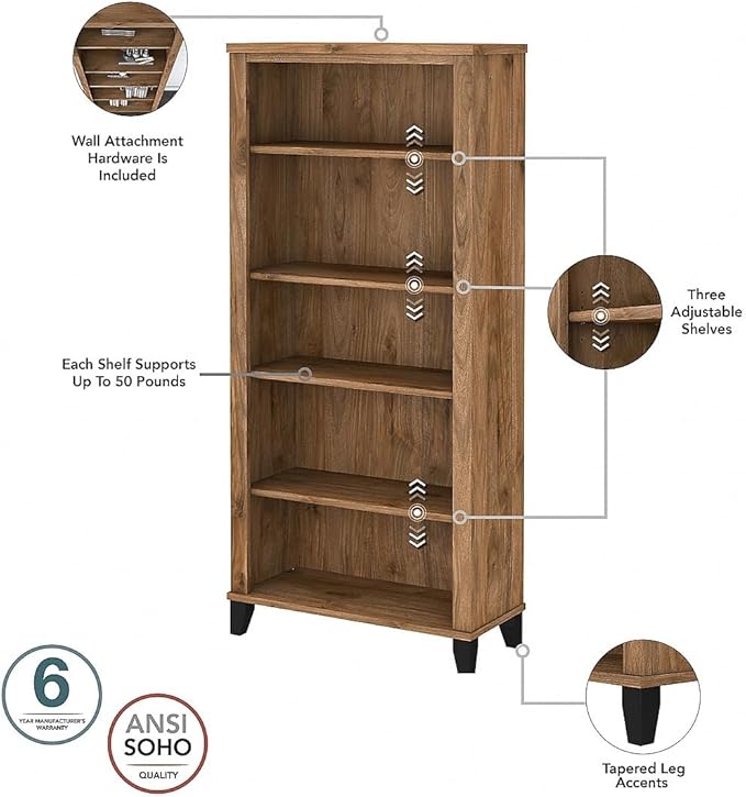 Bush Furniture Somerset 5-Shelf 65-inch H Bookcase, Fresh Walnut (WC81365) - LeafyLoom