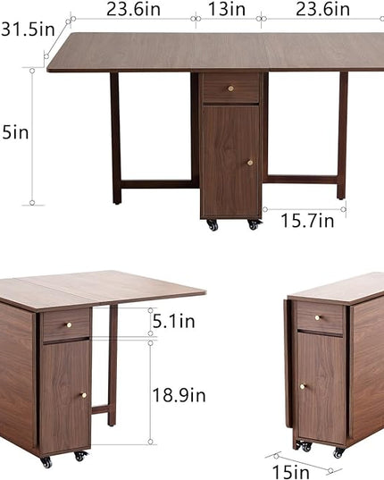 Extendable Drop Leaf Foldable Dining Table with 2 Drawers and 4 Wheels for Living Room Kitchen Farmhouse Space Saving Table in Walnut - LeafyLoom