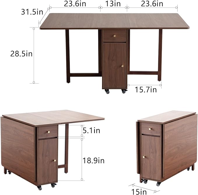 Extendable Drop Leaf Foldable Dining Table with 2 Drawers and 4 Wheels for Living Room Kitchen Farmhouse Space Saving Table in Walnut - LeafyLoom