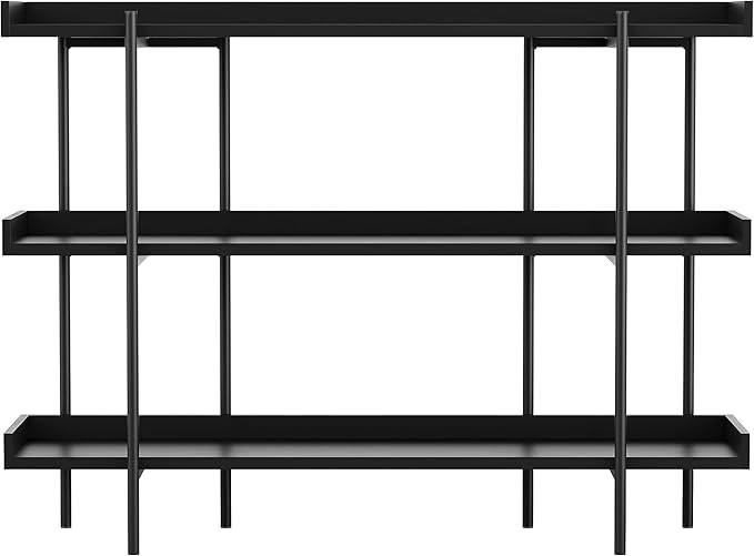 Martha Stewart Emmett 3 Shelf Bookcase with Vertical Metal Frame, Home Office Storage Display Unit, 35"H, Black Wood Grain/Oil Rubbed Bronze - LeafyLoom