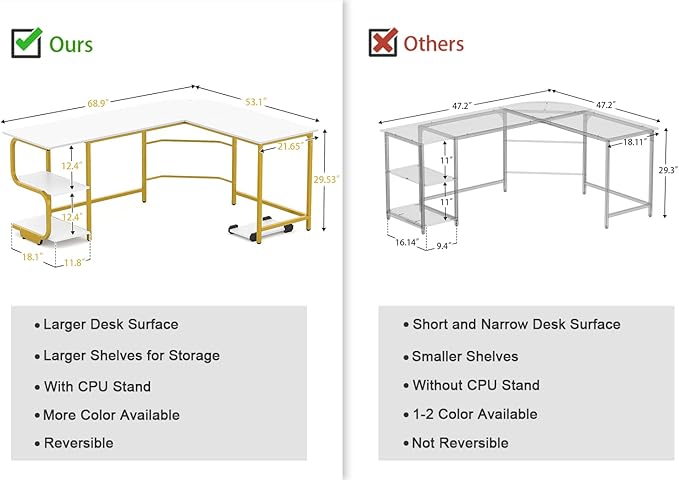 Teraves Reversible L Shaped Desk with Shelves Round Corner Computer Desk Gaming Table Workstation for Home Office (Large, White + Gold Frame) - LeafyLoom