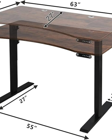 Dual Motor Electric Standing Desk - 63 x 30 Inch Adjustable Height Sit Stand Computer Desk with Splice Board, Stand Up Desk Table for Home Office, Rustic Brown Top(with Radian) - LeafyLoom
