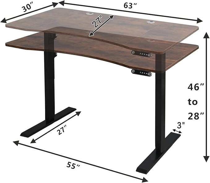 Dual Motor Electric Standing Desk - 63 x 30 Inch Adjustable Height Sit Stand Computer Desk with Splice Board, Stand Up Desk Table for Home Office, Rustic Brown Top(with Radian) - LeafyLoom