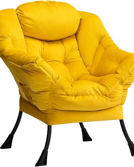 HollyHOME Modern Fabric Large Lazy Chair, Accent Oversized Comfy Reading Chair, Thick Padded Cozy Lounge Chair with Armrest, Steel Frame Leisure Sofa Chair for Living Room, Bedroom, Dorm, Yellow - LeafyLoom