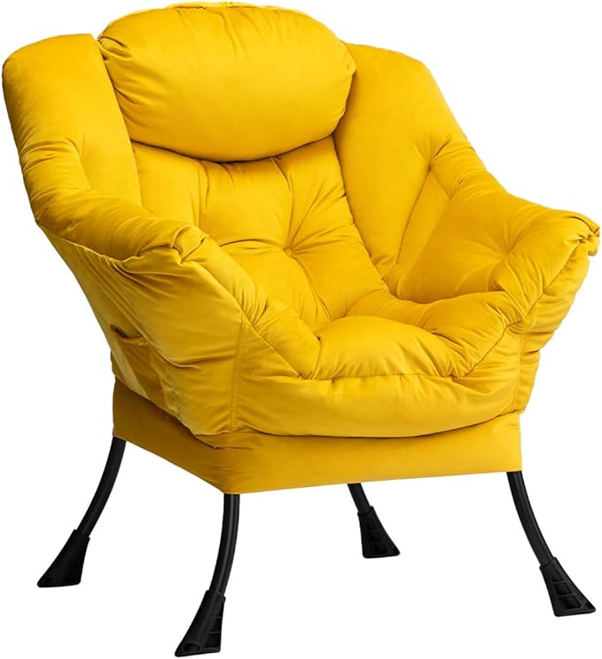 HollyHOME Modern Fabric Large Lazy Chair, Accent Oversized Comfy Reading Chair, Thick Padded Cozy Lounge Chair with Armrest, Steel Frame Leisure Sofa Chair for Living Room, Bedroom, Dorm, Yellow - LeafyLoom