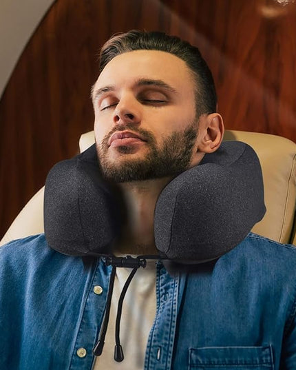 napfun Travel Pillow, Travel Accessories & Travel Essentials for Airplane Upgraded 100% Pure Memory Foam Travel Neck Pillow for Flight Headrest Sleep, Portable Plane Necessities, Full Black - LeafyLoom