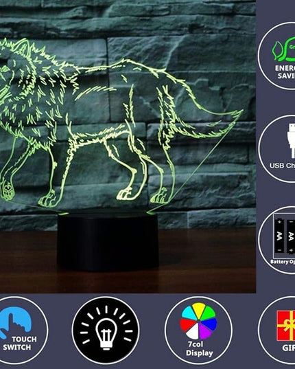 3D Illusion Animal Wolf Optical Night Light 7 LED Color Changing Desk Table Lamp Acrylic Flat Painted Image for Kiddie Kids Children Family Home Office Childrenroom Theme Decoration - LeafyLoom
