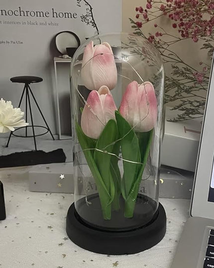 LED Tulip Lamp Artificial Flower Night Light Handmade Light up Tulips in Glass Dome Table Lamp Ornaments Desktop Decor - Battery Operated (Pink-Colour light) - LeafyLoom