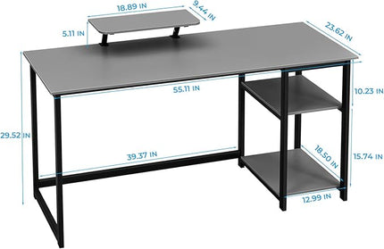 GreenForest Computer Home Office Desk with Monitor Stand and Reversible Storage Shelves,55 inch Modern Simple Writing Study PC Work Table,Grey - LeafyLoom