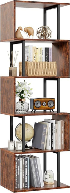 Furologee 6-Tier Bookshelf, Tall S-Shaped Geometric Bookcase, Industrial Freestanding Display Shelf Unit, Wood and Metal Decorative Room Divider for Living Room Bedroom, Home Office, Rustic Brown - LeafyLoom