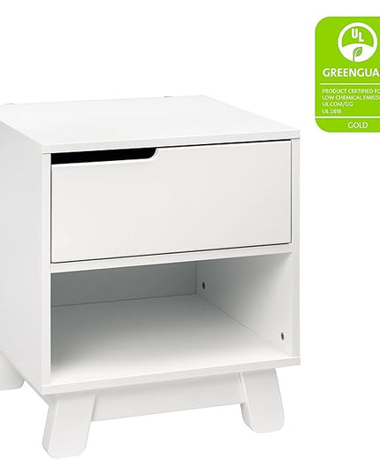 Babyletto Hudson Nightstand with USB Port in White, 1 Drawer and Storage Cubby - LeafyLoom