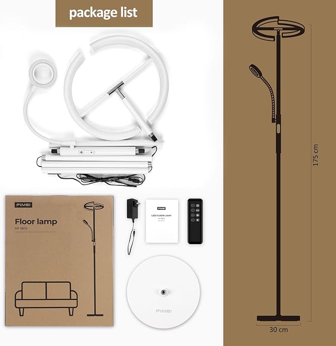 FIMEI Split Floor Lamp with Reading Light, Modern Bright LED Rotatable Standing Lamp with Stepless Dimming and 3000K-6000K Color for Living Room Bedroom Office, Touch and Remote Control, White - LeafyLoom