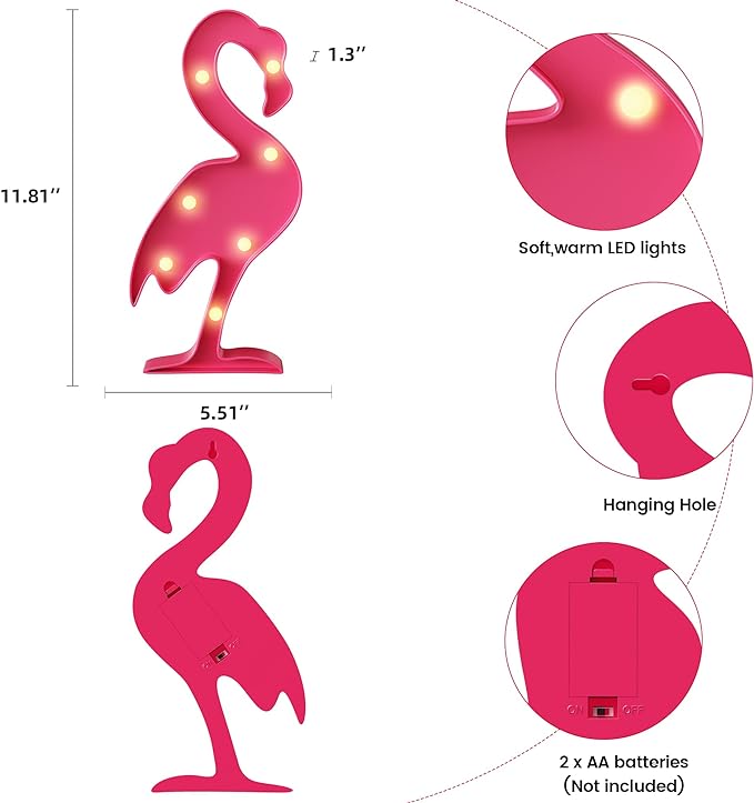 Pink Flamingo Decor, Flamingo Party Decorations, Battery Powered Flamingo Night Light for Kids, Tropical Kids Room Decor, Hawaiian Party Pecorations, Luau Party Decorations - LeafyLoom