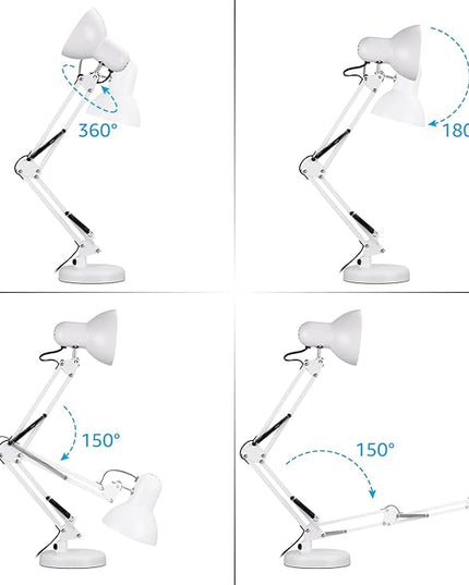 TORCHSTAR Metal Desk Lamp, Swing Arm Desk Lamps, Architect Desk Lamp with Clamp, Adjustable Gooseneck Table Lamp, Clip Desk Lights for Home Office, Work, Study, Reading, E26 Base, Multi-Joint, White - LeafyLoom