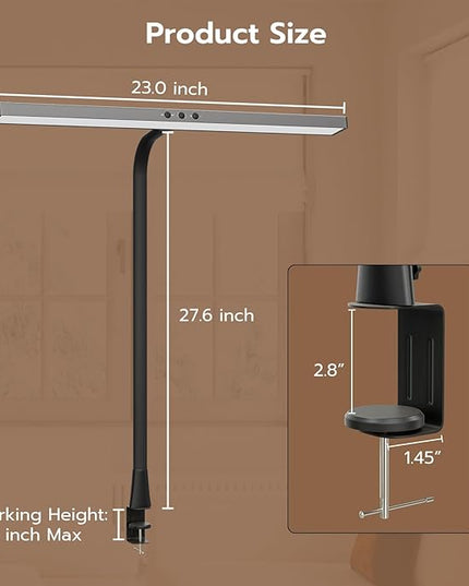 LED Desk Lamp, Architect Clamp Desk Lamps for Home Office, 20W Workbench Office Lighting with 3 Color Modes, and Stepless Dimming 23inch Wide Modern Desk Lamp for Reading - LeafyLoom