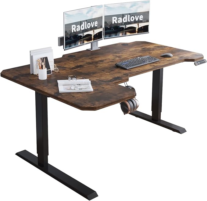 Radlove 59-Inch Large Electric Height Adjustable Computer L-Shaped Desk with Memory Controller Corner Standing Desk Modern Workstation with Splice Board Ergonomic Desk (Black Frame + Rustic Brown Top) - LeafyLoom