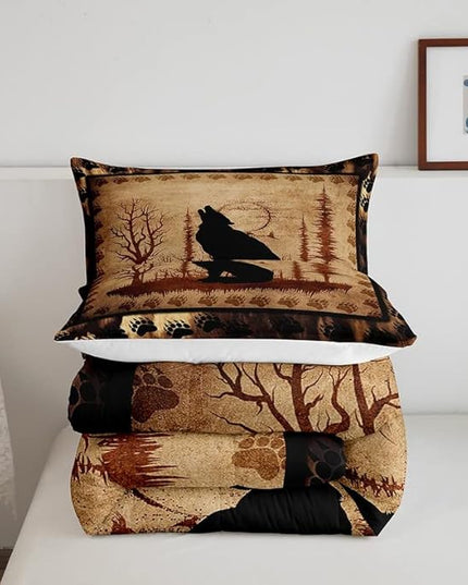 Feelyou Cute Wolf Comforter Set for Girls Boys Kids Wolves Howling Bedding Set Room Decorative Animal Wolves Tree Pattern Bedding Set Exotic Style Brown Black Duvet Set Queen Size 3Pcs Quilt Set - LeafyLoom