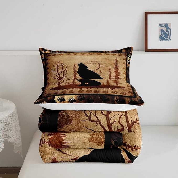 Feelyou Cute Wolf Comforter Set for Girls Boys Kids Wolves Howling Bedding Set Room Decorative Animal Wolves Tree Pattern Bedding Set Exotic Style Brown Black Duvet Set Queen Size 3Pcs Quilt Set - LeafyLoom
