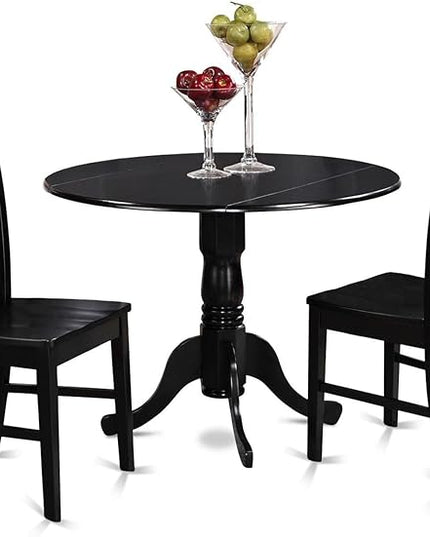 East West Furniture Dublin 3 Piece Kitchen Set for Small Spaces Contains a Round Dining Room Table with Dropleaf and 2 Solid Wood Seat Chairs, 42x42 Inch, DLNO3-BLK-W - LeafyLoom