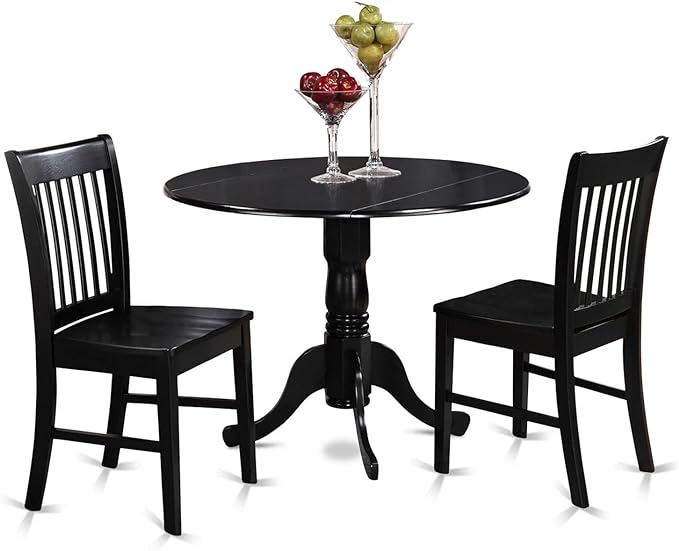 East West Furniture Dublin 3 Piece Kitchen Set for Small Spaces Contains a Round Dining Room Table with Dropleaf and 2 Solid Wood Seat Chairs, 42x42 Inch, DLNO3-BLK-W - LeafyLoom