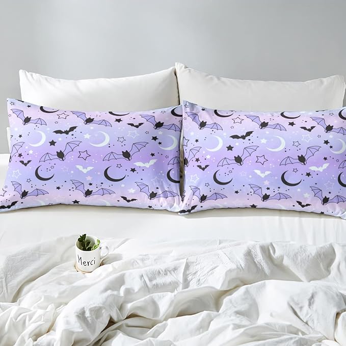 Feelyou Halloween Comforter Rainbow Comforter Set for Boys Girls Children Bat Moon Star Print Bedding Set Halloween Theme Purple Gradient Style Room Decor King Size Duvet Set 3Pcs - LeafyLoom