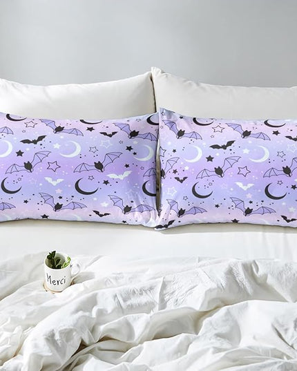 Feelyou Halloween Comforter Rainbow Comforter Set for Boys Girls Children Bat Moon Star Print Bedding Set Halloween Theme Purple Gradient Style Room Decor Full Size Duvet Set 3Pcs - LeafyLoom