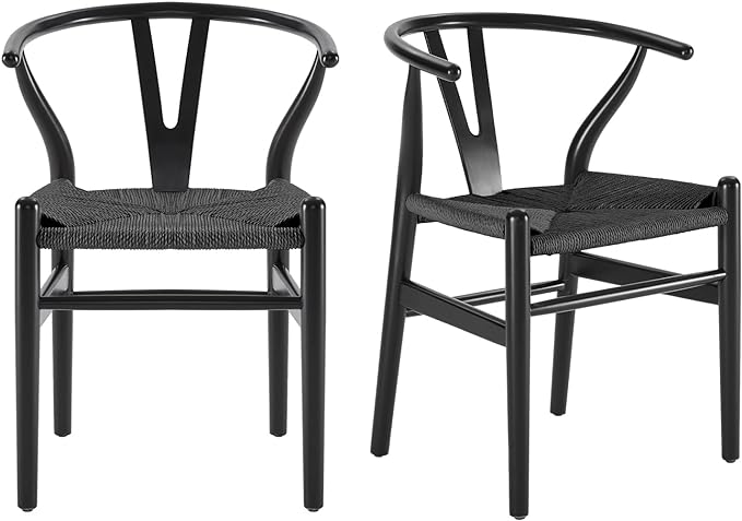 Farini Wishbone Chairs for Dining Room Solid Wood Rattan Chair Armchairs Y Shaped Backrest Hemp Seat for Home Restaurant Fully-Assembled(Set of 2,Black-Black Seat) - LeafyLoom