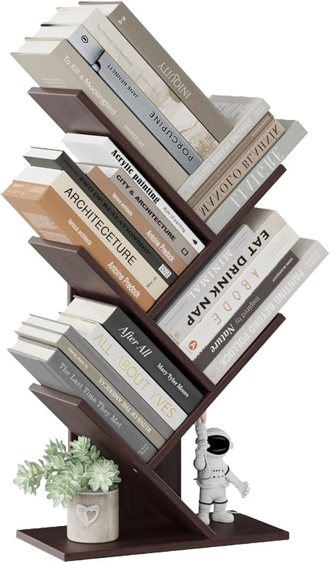 Tree Bookshelf, 5 -Tier Book Storage Organizer Shelves Floor Standing Bookcase, Wood Storage Rack for Office Home School Shelf Display for Cd/Magazine (Dark Walnut) - LeafyLoom